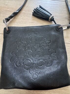 Brighton Black Leather Embossed Crossbody with Braided Strap & Tassel